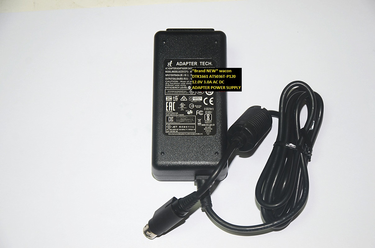 *Brand NEW* wacon ATS036T-P120 DTK1661 12.0V 3.0A AC DC ADAPTER POWER SUPPLY - Click Image to Close